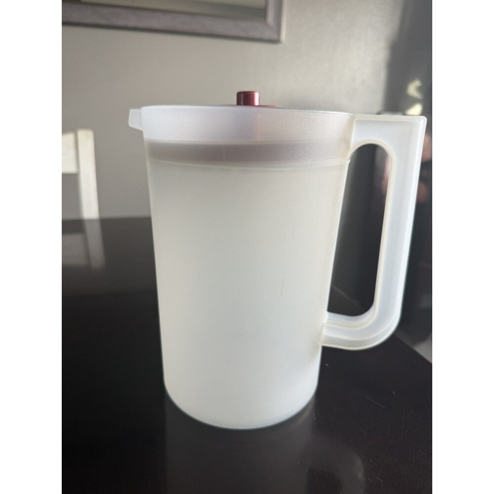 Vintage Tupperware Pitcher 1676 - 2 Qt Sheer W/ Red Push Button Lid